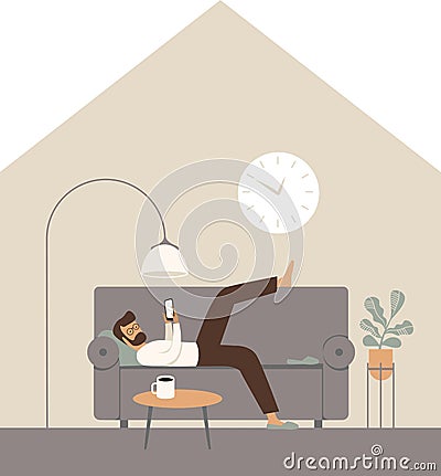 Lazy man lying on a sofa using smartphone. Chatting in social media, procrastination. Concept for coronavirus COVID-19 Vector Illustration